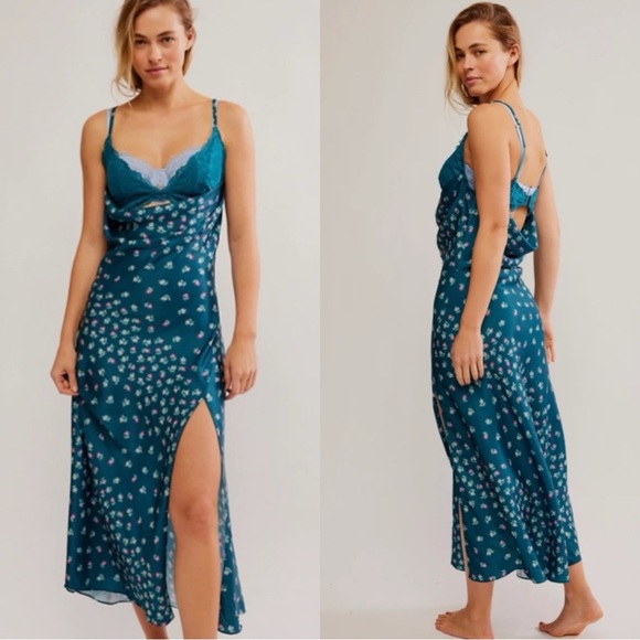 NWT FREE PEOPLE Gossamer Glow Floral Satin Lace Slip Midi Dress - Picture 2 of 10